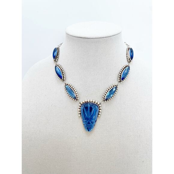 Hecho En Mexico Vintage Sterling Silver Blue Glass Statement Necklace - Picture 1 of 13